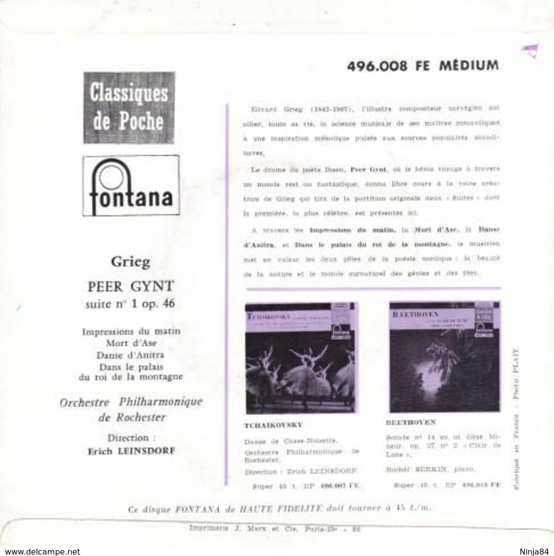 EP 45 RPM (7")  Edward Grieg  "  Peer Gynt Suite N° 1, Op, 46  " - Klassiekers