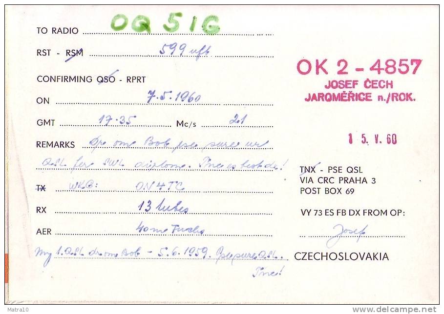 CARTE QSL CARD 1960 RADIOAMATEUR HAM OK-2 JAROMERICE JEUX SPARTAKIADE PRAGUE PRAHA TCHECHOSLOVAQUIE CZECHOSLOVAKIA - Athlétisme