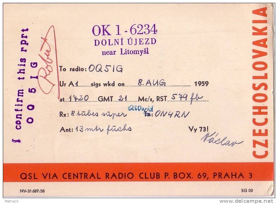 CARTE QSL CARD 1959 RADIOAMATEUR HAM RADIO OK-1 DOLNI UJEZD TCHECHOSLOVAQUIE CZECHOSLOVAKIA  PIANO PETROF MUSIQUE MUSIC - Música Y Músicos