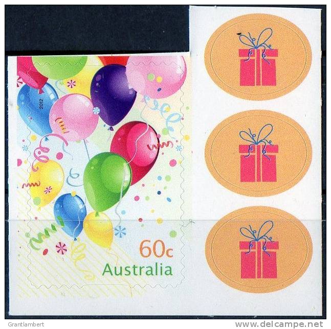 Australia 2012 Precious Moments 60c Balloons Self-adhesive MNH With 3 Gift Stickers - Ungebraucht