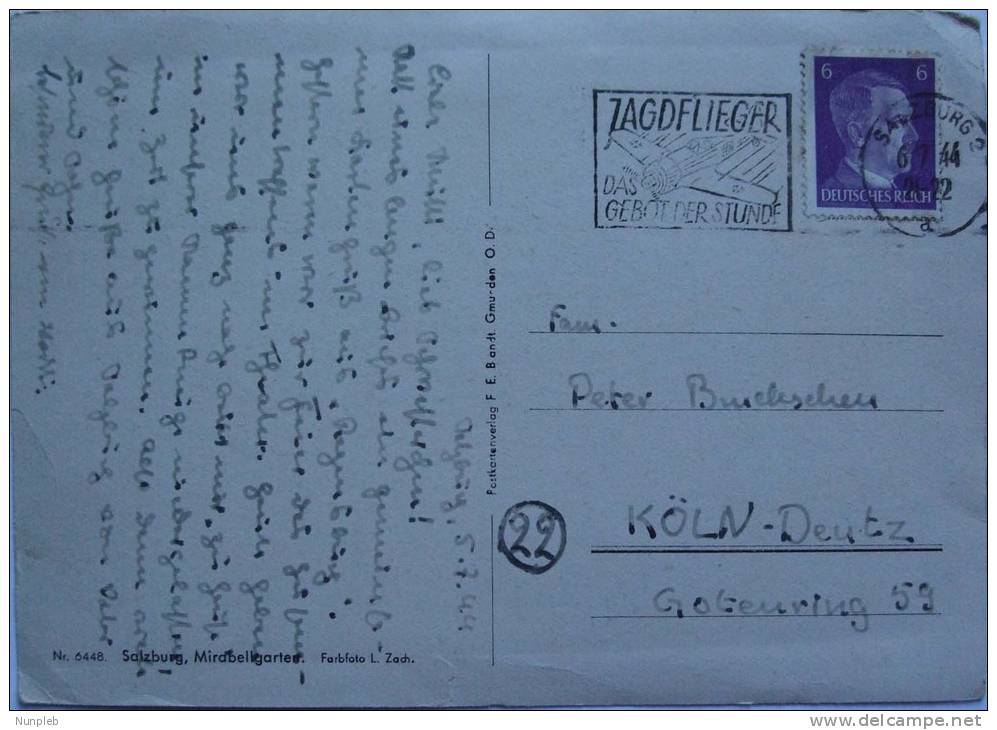 1944 GERMANY POSTCARD SALZBURG AUSTRIA TO KOLN WITH JAGDFLIEGER POSTMARK - Briefe U. Dokumente