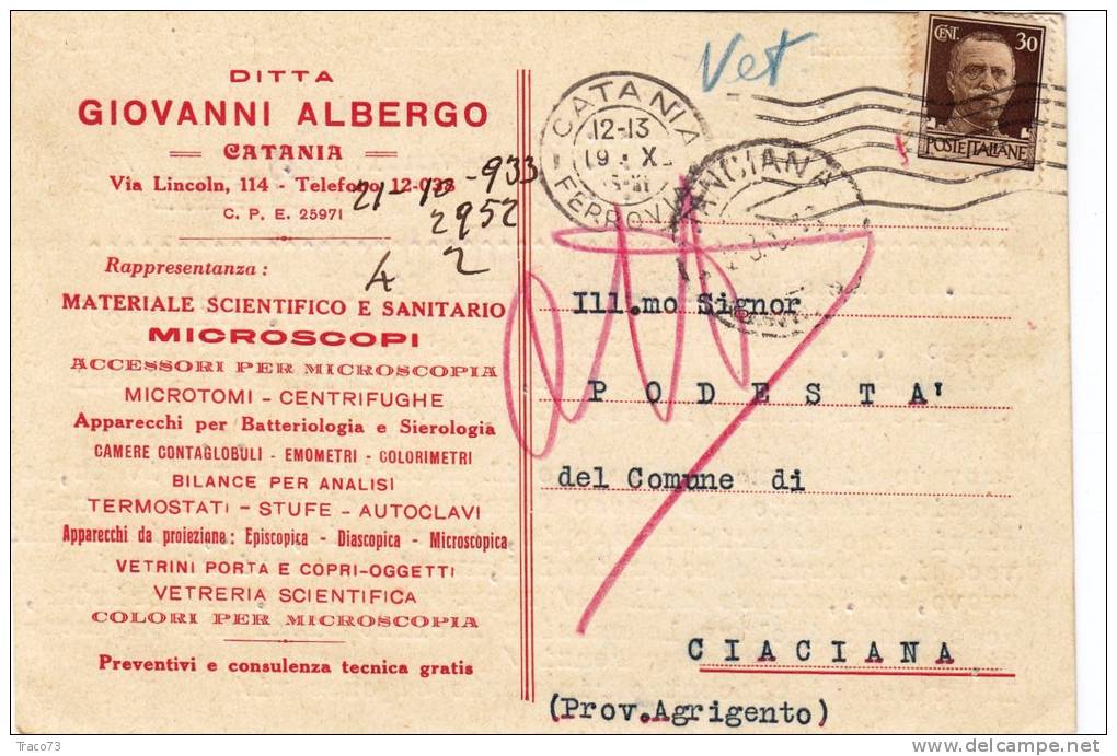 CATANIA / CIANIANA  - Cartolina  Pubbl. 19.10.1933 - "Ditta Giovanni ALBERGO" - Imper. Cent. 30 Isolato - Reclame