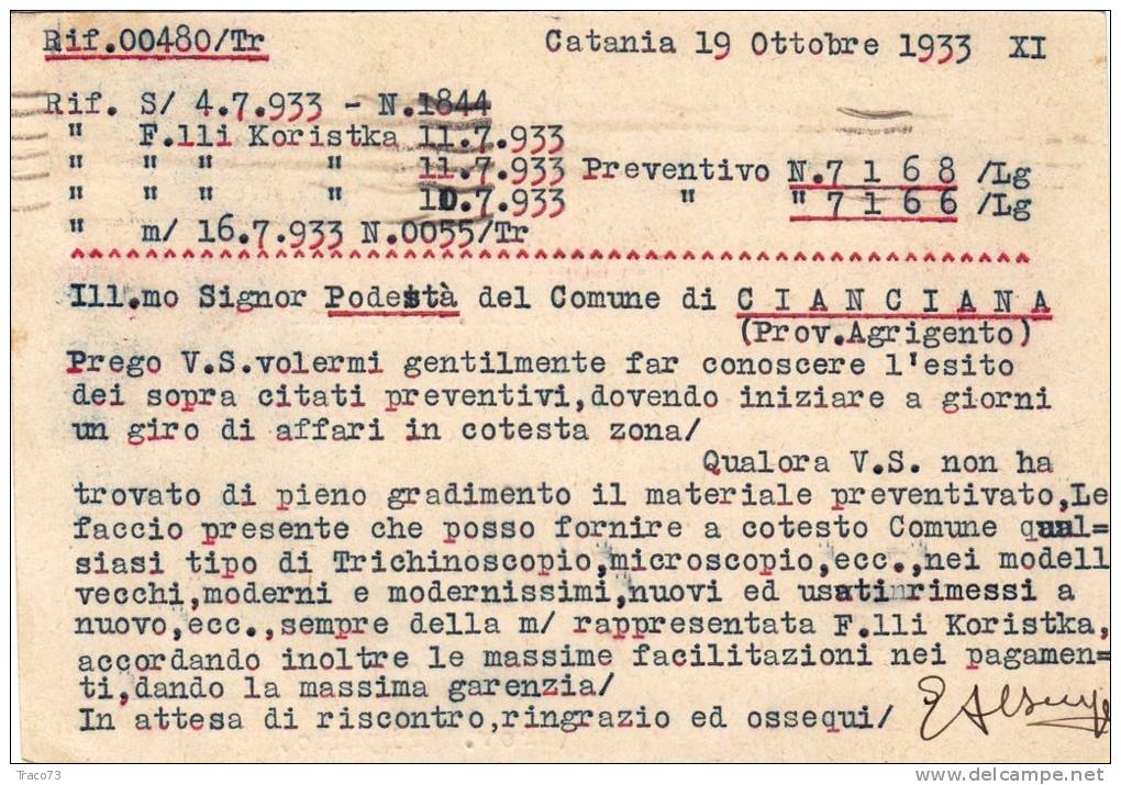 CATANIA / CIANIANA  - Cartolina  Pubbl. 19.10.1933 - "Ditta Giovanni ALBERGO" - Imper. Cent. 30 Isolato - Publicité