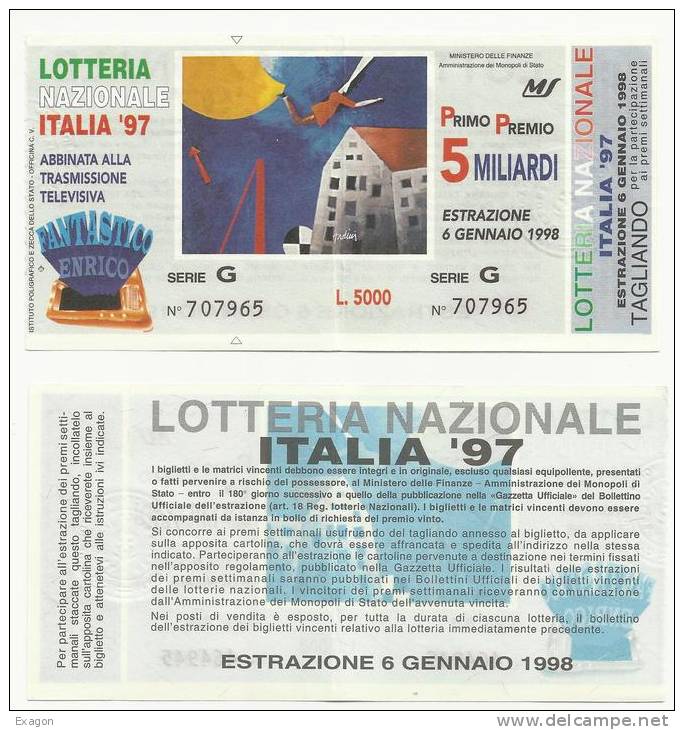 Biglietto Lotteria Italia - 1997 Con Tagliando. - Billets De Loterie