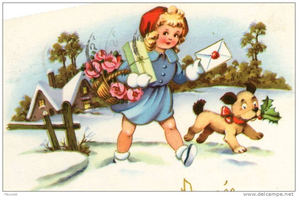 Illustrée : Petite Fille, Lettre, Fleurs, Cadeaux, Chien Dans La Neige . - Taferelen En Landschappen