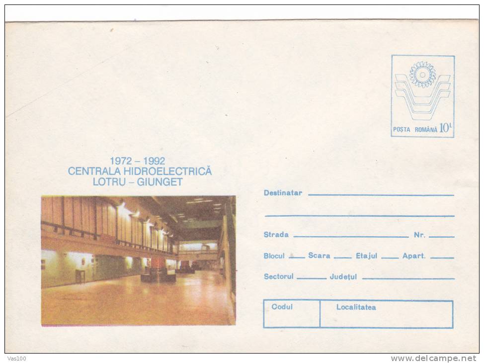 ELECTRICITE,CENTRAL Hydropower,1992,COVERS STATIONERY,ENTIER POSTAL,UNUSED, ROMANIA. - Elektriciteit
