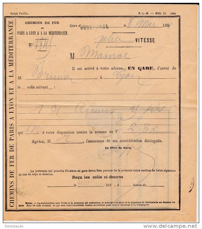 TYPE SAGE - 1891 - FORMULAIRE Des CHEMINS De FER PLM De AIGUEPERSE (PUY DE DOME) Pour COMBRONDE - Spoorwegpost