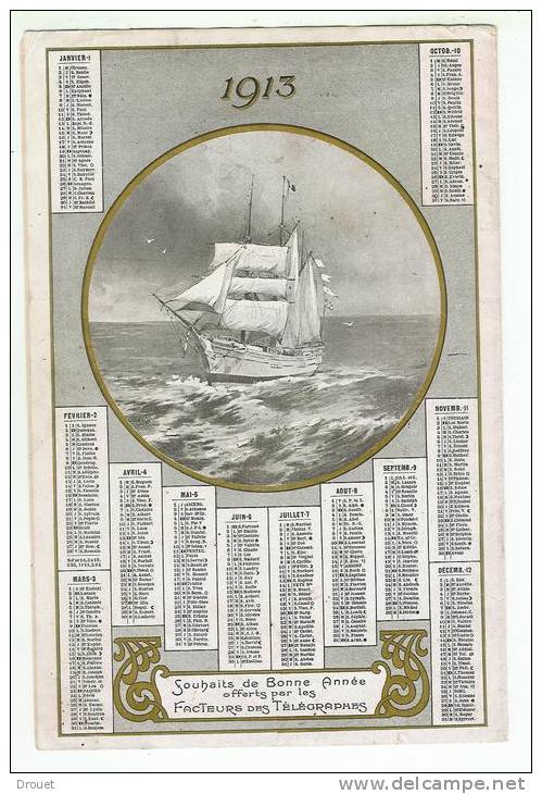 CALENDRIER OFFERT PAR LES  FACTEURS DES TELEGRAPHES - 1913 - BATEAU - PHARE - Big : 1901-20