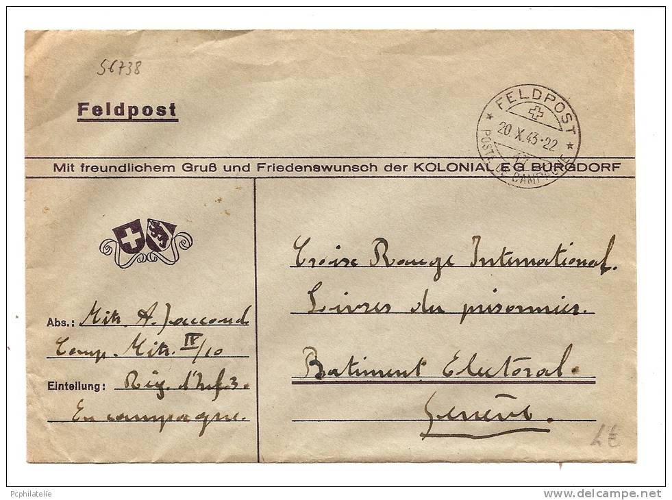 SUISSE LETTRE DE FRANCHISE MILITAIRE AVEC BLASONS TÀD FELDPOST 1943 - Dokumente