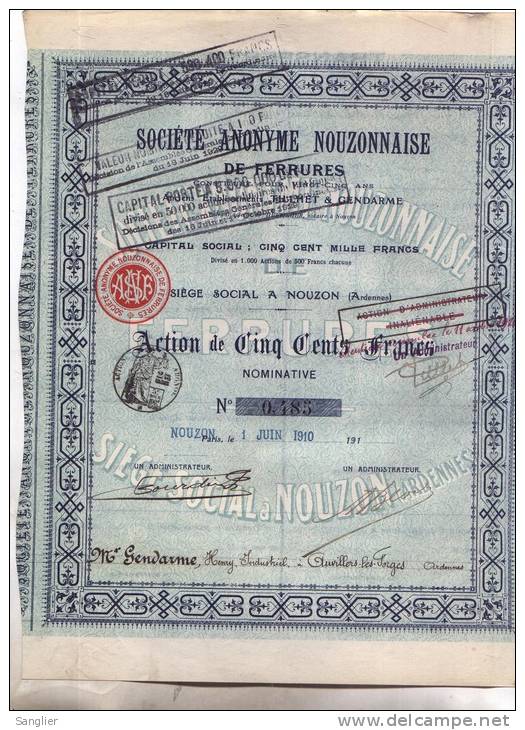 SOCIETE ANONYME NOUZONNAISE DE FERRURES (ARDENNES) ACTION DE 500 FRS  - 1910 - N° 0485 - Industrial