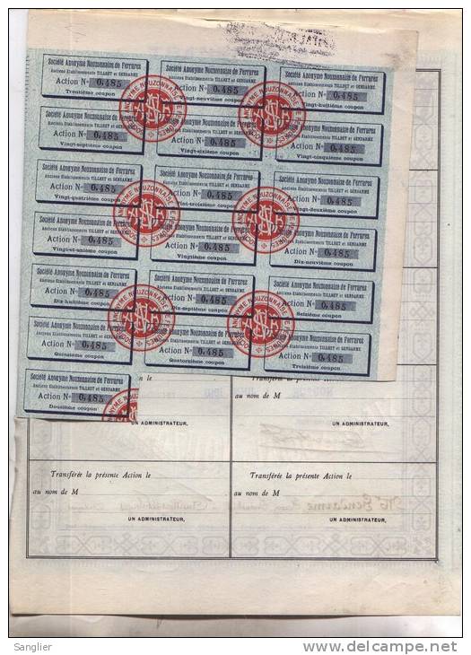 SOCIETE ANONYME NOUZONNAISE DE FERRURES (ARDENNES) ACTION DE 500 FRS  - 1910 - N° 0485 - Industrial