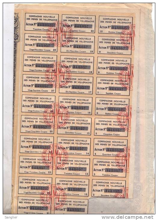 COMPAGNIE NOUVELLE DES MINES DE VILLEMAGNE - ACTION DE 100 FRANCS N° 143057 - Mines