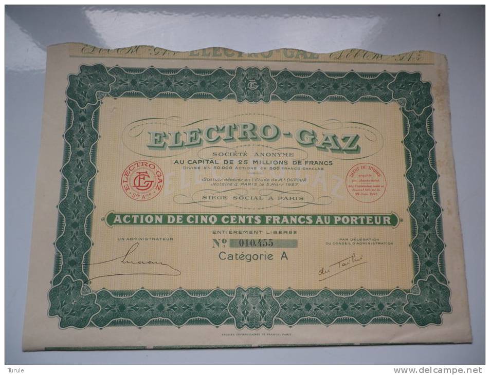 ELECTRO-GAZ (action 500 Francs,capital 25 Millions) 1927 - Other & Unclassified