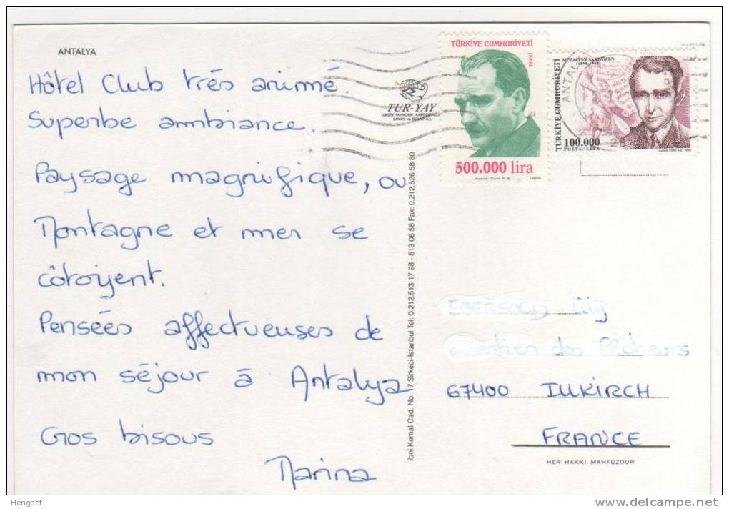 2 Beaux Timbres " Personnages " / Carte , Postcard Du  05/07/02?? (Antalya)  Pour La France - Storia Postale