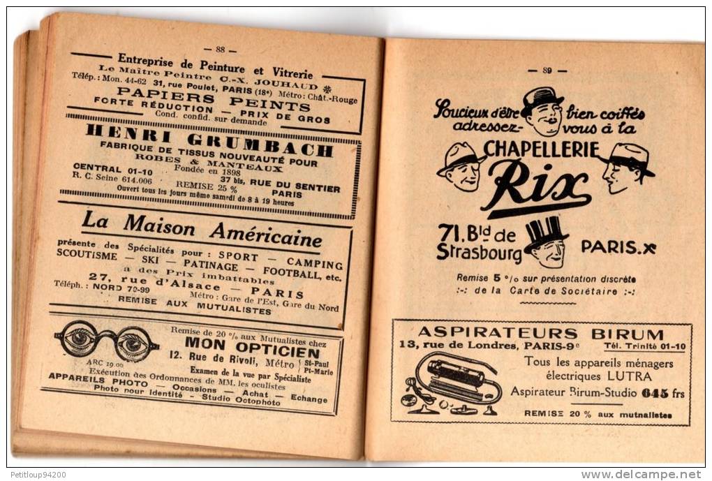 DOCUMENT COMMERCIAL PUBLICITE ANNUAIRE  Federation Mutualiste de la Seine 1937