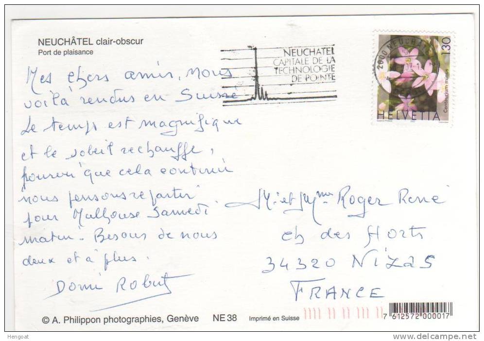 Beau Timbre "fleurs "  / Carte , Postcard Du  30/05/07 De Neuchatel  Pour La France - Brieven En Documenten