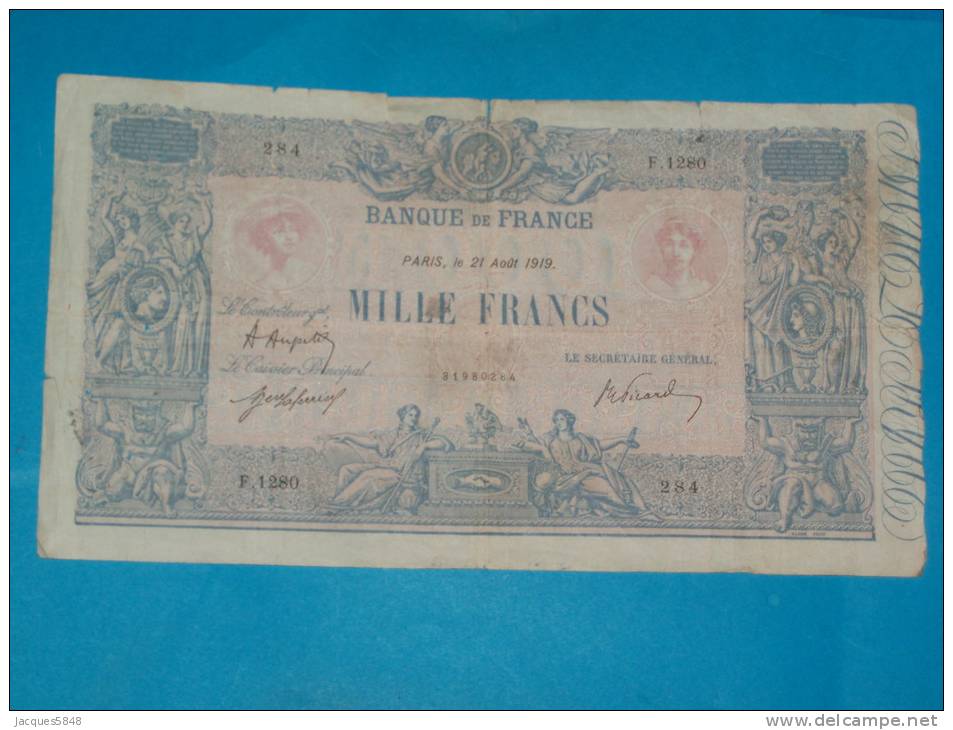 1000 Frs Bleu Et Rose - Type 1889 Du 21 Aout 1919 ( Rare ) F.1280 - N°284 TB - épinglage - Plis - Coupes - Pas De Manque - 1 000 F 1889-1926 ''Bleu Et Rose''