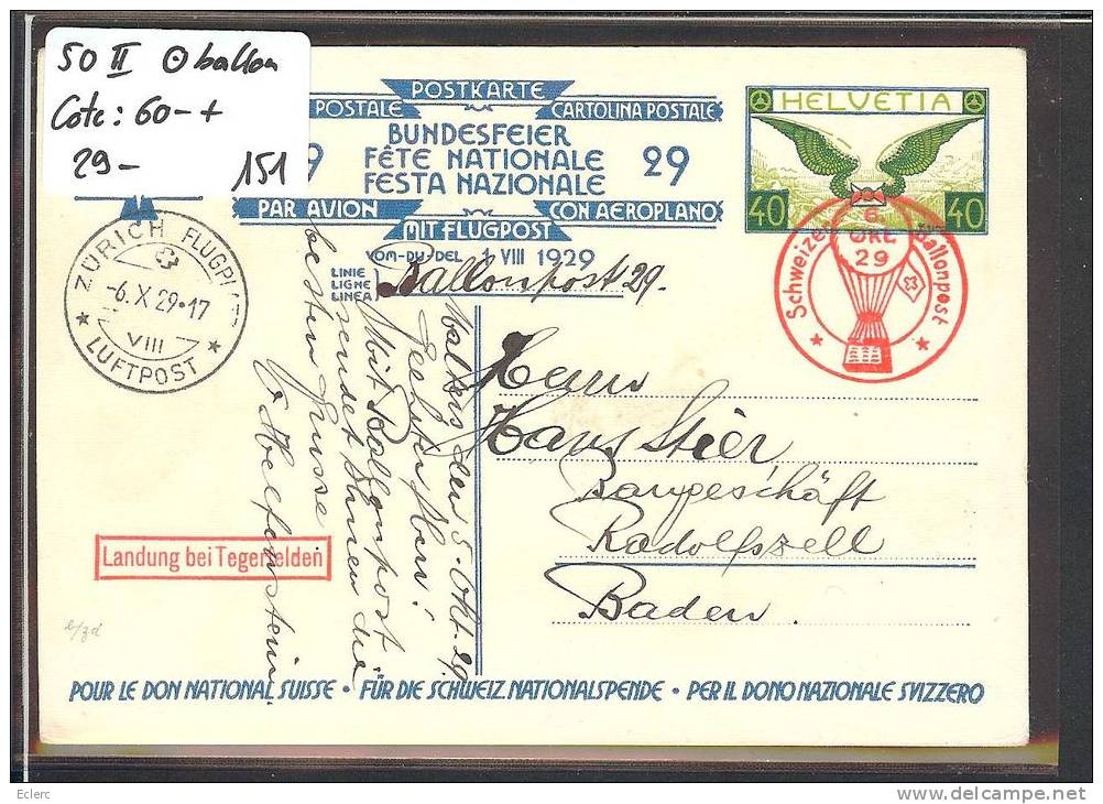 CARTE FETE NATIONALE 1929 - No 50 II   Oblitéré BALLON POST  - POSTE AERIENNE  - Cote: 60 CHF++ - Briefe U. Dokumente