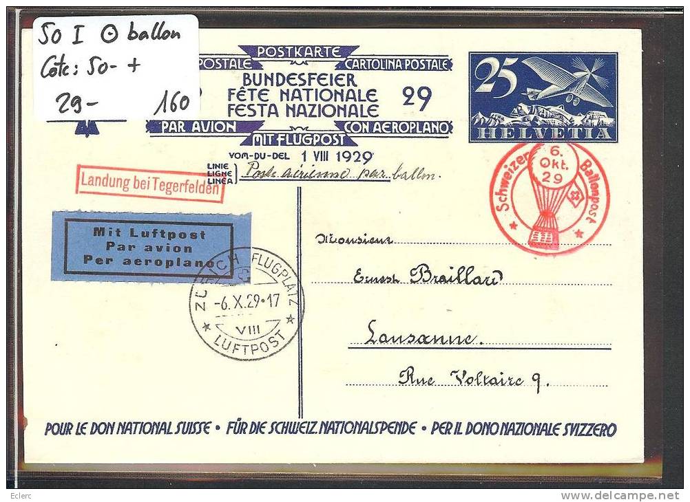 CARTE FETE NATIONALE 1929 - No 50 I   Oblitéré BALLON POST  - POSTE AERIENNE   Cote: 50 CHF++ - Briefe U. Dokumente