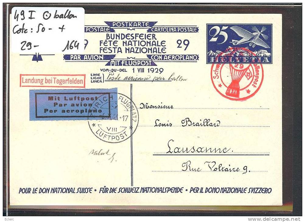 CARTE FETE NATIONALE 1929 - No 49 I   Oblitéré BALLON POST   - POSTE AERIENNE   Cote: 50 CHF++ - Briefe U. Dokumente