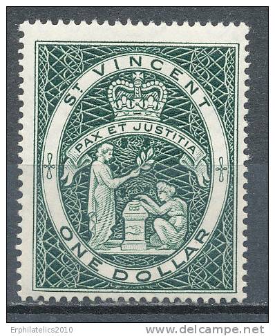 ST. VINCENT 1955 SEAL OF THE COLONY ONE DOLLAR DEEP MYRTLE GREEN SG 199A VF HINGED - St.Vincent (1979-...)