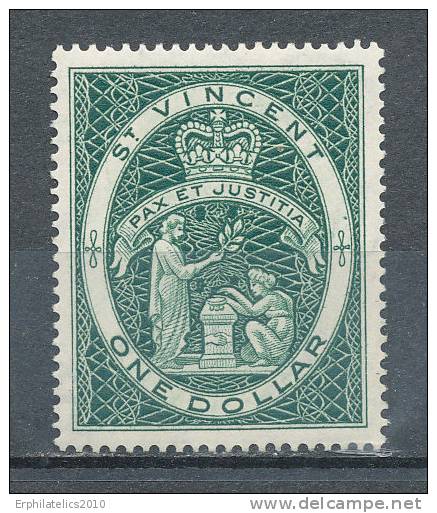 ST. VINCENT 1955 SEAL OF THE COLONY ONE DOLLAR DEEP YELLOW GREEN SC# 199B CV 28 POUNDS - St.Vincent (1979-...)