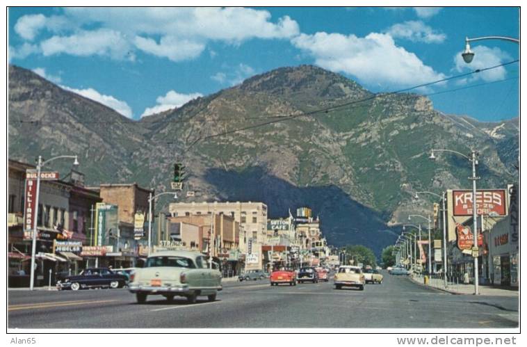 Provo UT Utah, Main Street, Auto, Downtown Business District, Billiards Sign, C1950s Vintage Postcard - Provo