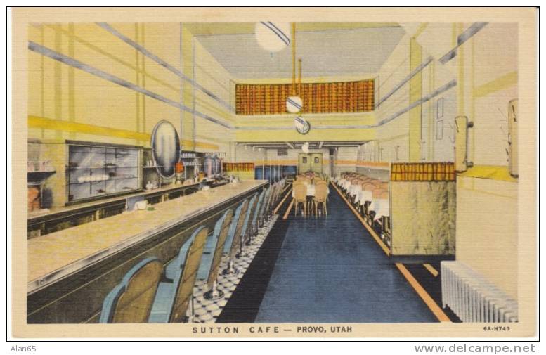 Provo UT Utah, Sutton Cafe Interior View Restaurant, C1930s Vintage Curteich Linen Postcard - Provo
