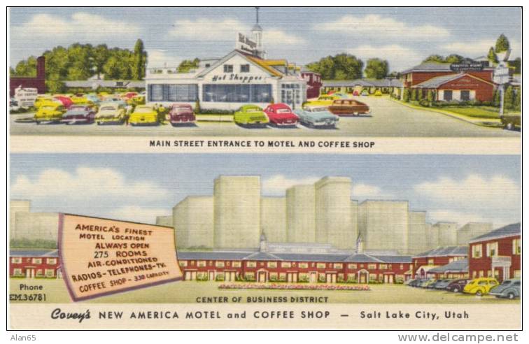 Salt Lake City UT Utah, Covey's Motel &amp; Coffee Shop, Autos, C1950s Vintage Curteich Linen Postcard - Salt Lake City