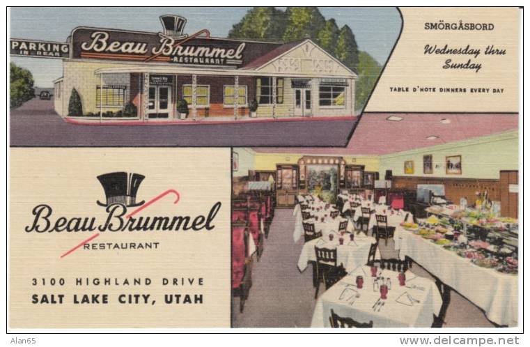 Salt Lake City UT Utah, Beau Brummel Restaurant, Smorgasbord, Top Hat Logo, C1950s Vintage Curteich Linen Postcard - Salt Lake City