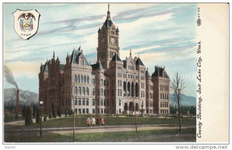 Salt Lake City UT Utah, County Building, State Emblem Symbol, C1910s Vintage Postcard, Became State Capitol Building - Salt Lake City