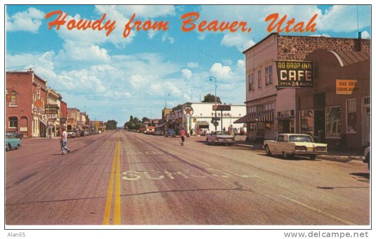 Beaver UT Utah, Main Street View, Cafe Motel Signs, Auto, Texaco Sign, C1950s Vintage Postcard - Autres & Non Classés