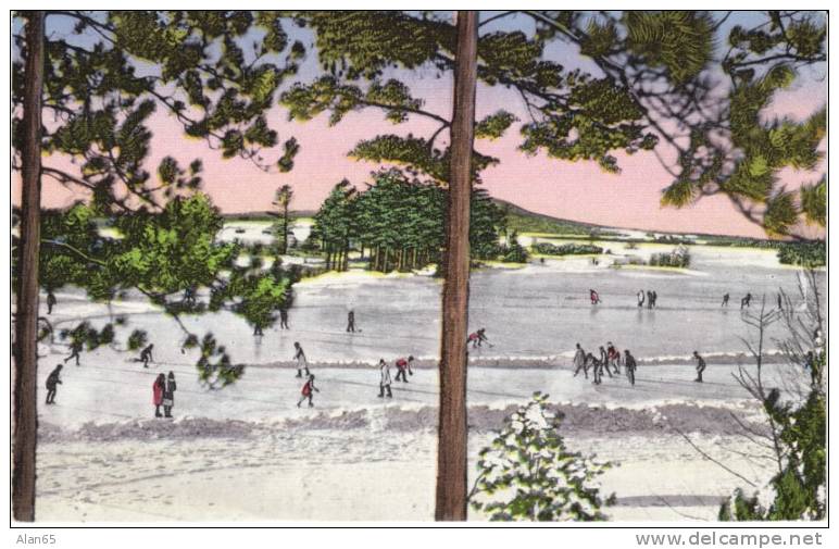 Wausau WI Wisconsin, Ice Skating At Park, Rib Mountain In Background, C1930s Vintage Postcard - Sonstige & Ohne Zuordnung