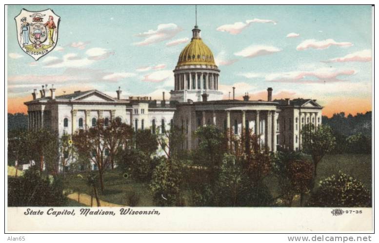 Madison WI Wisconsin, State Capitol Building, State Emblem, C1910s Vintage Postcard - Madison