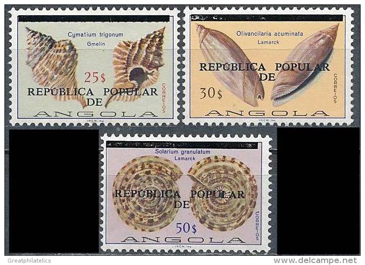 ANGOLA 1977 SEA SHELLS WITH"REPUBLICA POPULAR DE." OVPT SC# 605-607 VF MNH SCARCE - Angola