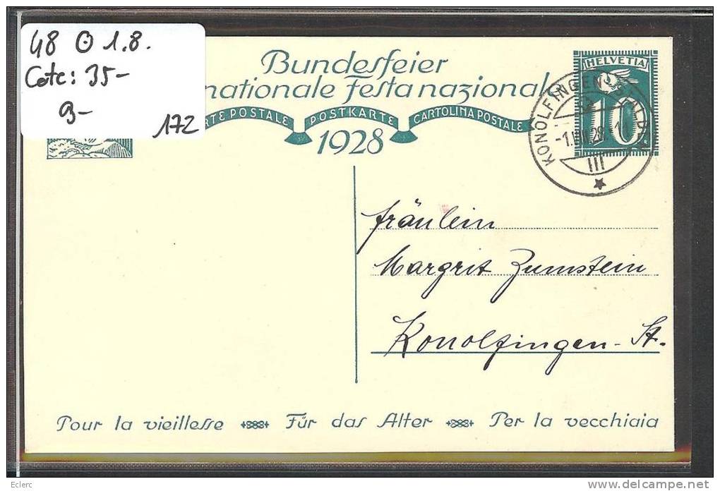 CARTE FETE NATIONALE 1928 - No 48   Oblitéré 1er AOUT  -  Cote: 35 CHF - Cartas & Documentos