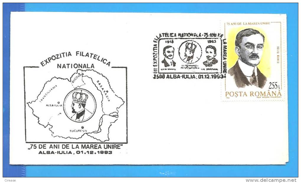 Great Union Of Romania And Bessarabia, King Ferdinand. Maniu, Bratianu. Romania Cover 1993 - Fallschirmspringen