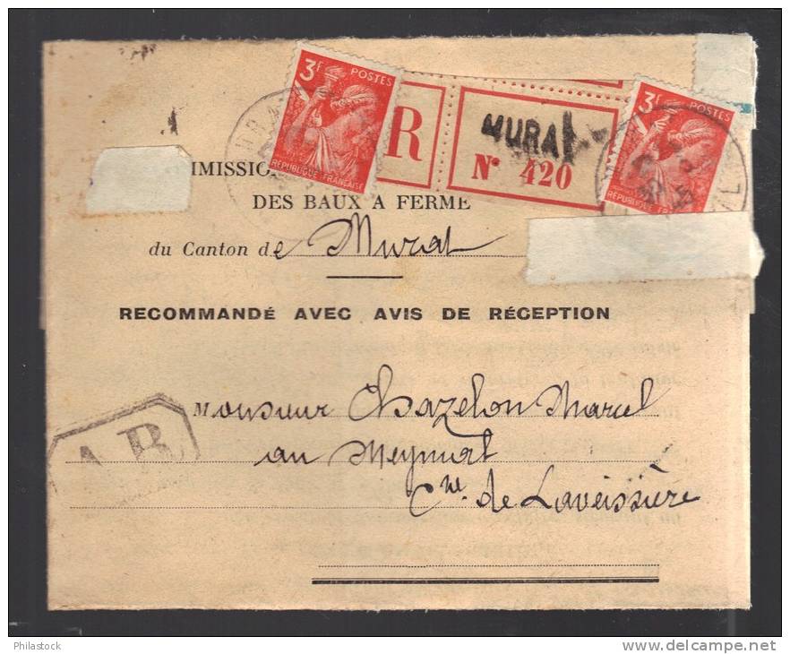 FRANCE 1945 N° 655 X 2 Obl. S/lettre Entiére Recommandée AR - 1939-44 Iris
