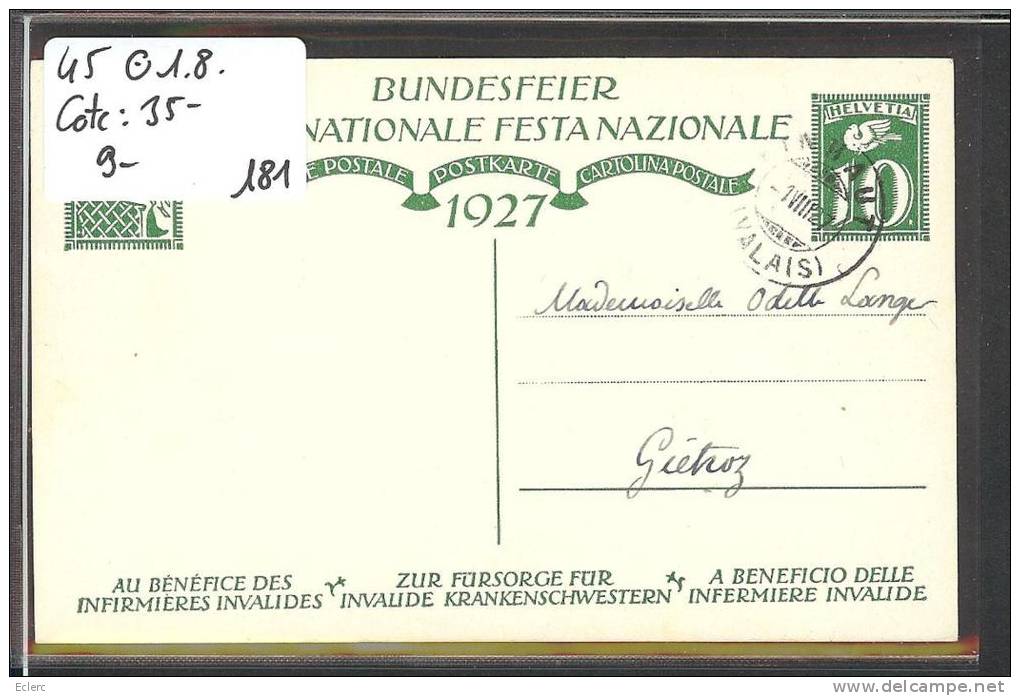 CARTE FETE NATIONALE 1927 - No 45  Oblitéré 1er AOUT  -  Cote: 35 CHF - Storia Postale