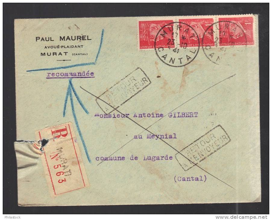 FRANCE 1941 N° 514 X 3 Obl. S/lettre Entiére Recommandée Retour à L'envoyeur - 1941-42 Pétain