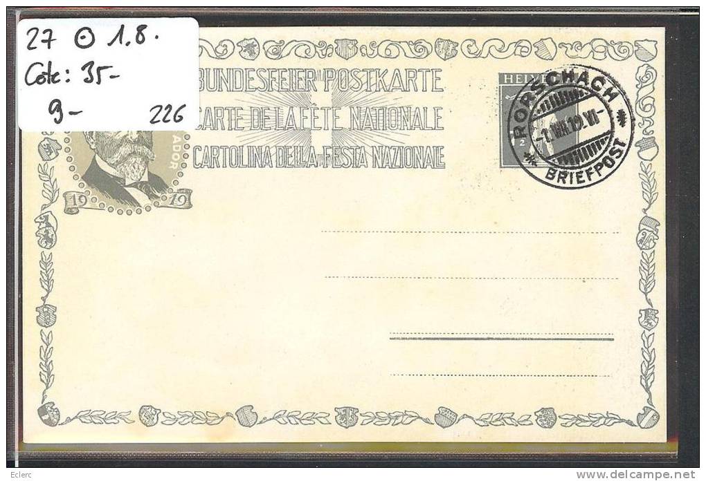 CARTE FETE NATIONALE 1919 - No 27 Oblitéré 1er AOUT  -  Cote: 35 CHF - Briefe U. Dokumente