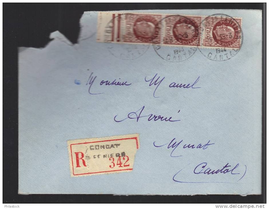 FRANCE 1944 N° 517 Bande De 3 Obl. S/lettre Entiére Recommandée - 1941-42 Pétain