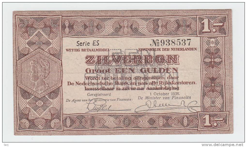 Netherlands 1 Gulden Zilverbon 1938 VF+ - 1 Florín Holandés (gulden)