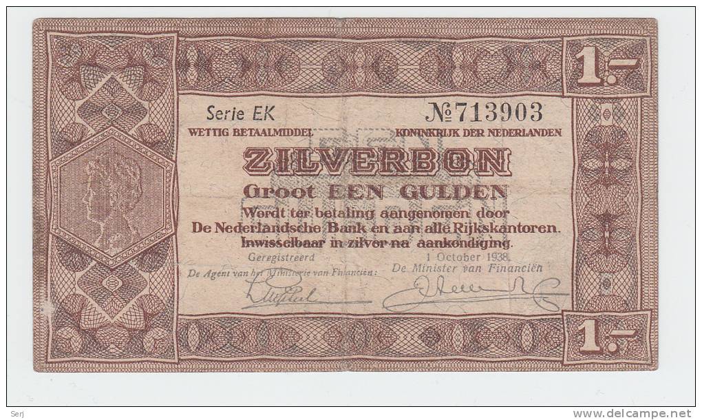 Netherlands 1 Gulden Zilverbon 1938 VF - 1 Gulde