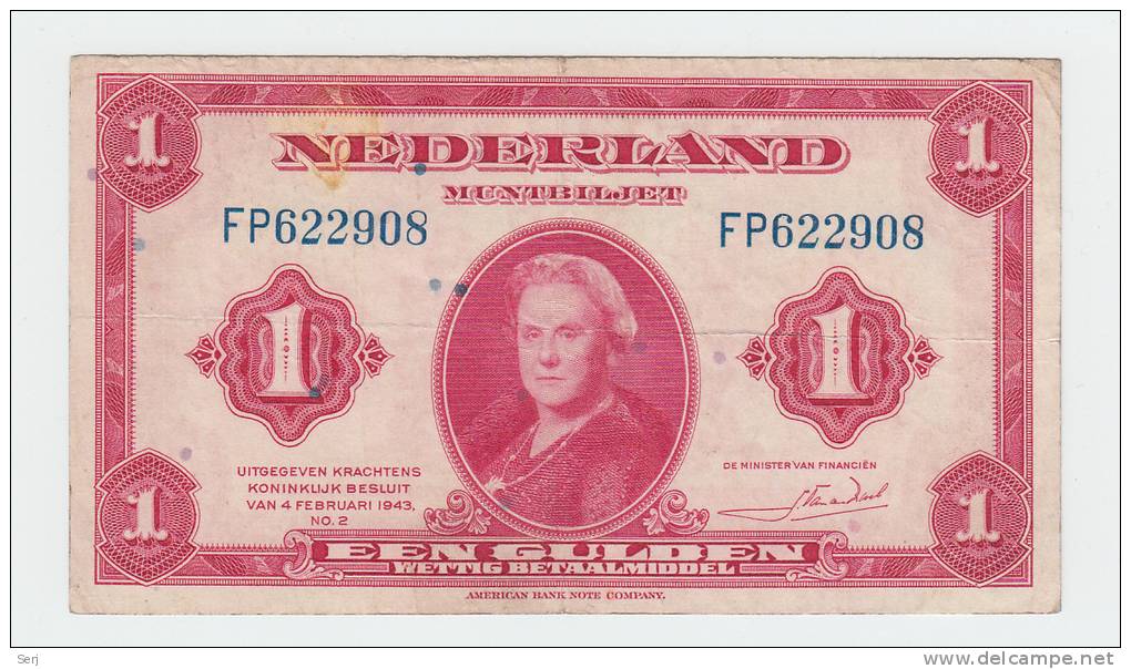 Netherlands 1 Gulden 1943 VF P 64 - 1 Gulde