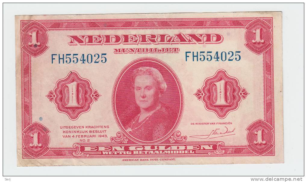 Netherlands 1 Gulden 1943 VF P 64 - 1 Gulde