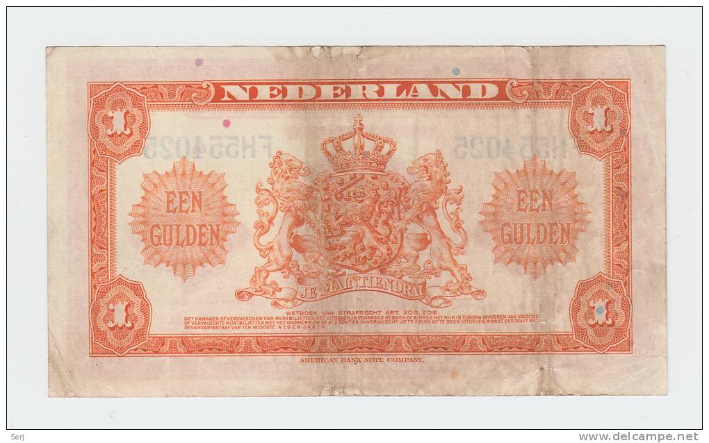 Netherlands 1 Gulden 1943 VF P 64 - 1 Gulde