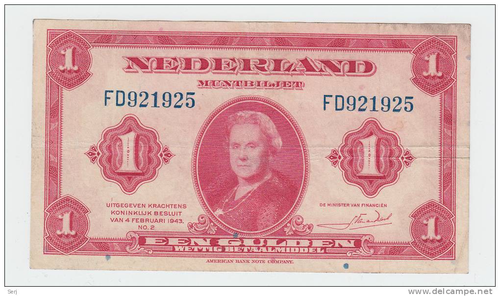 Netherlands 1 Gulden 1943 VF P 64 - 1 Gulden