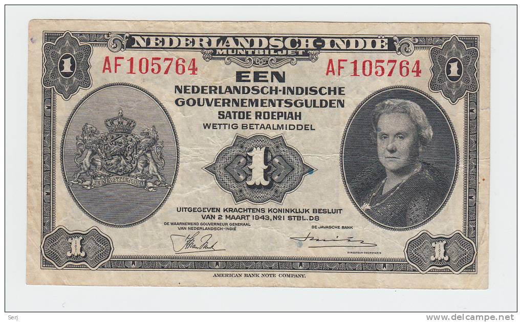 NETHERLANDS INDIES 1 GULDEN 1943 VF+ CRISP Banknote P 111 - Dutch East Indies