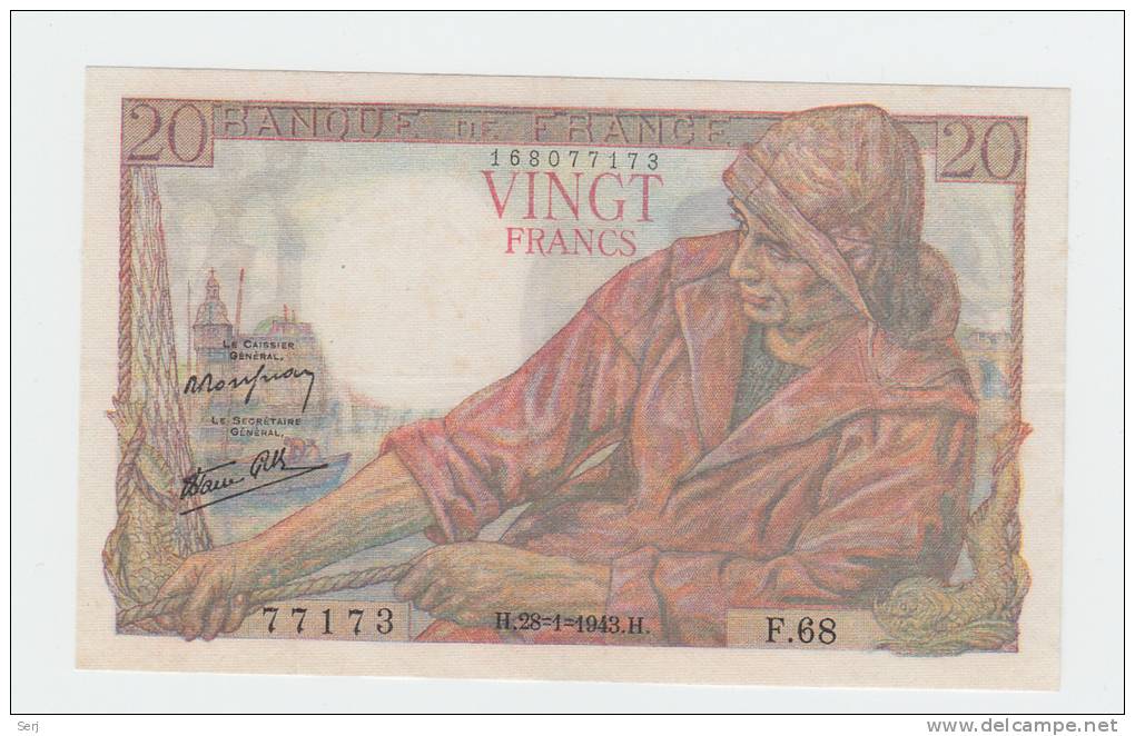 FRANCE 20 FRANCS 1943 AUNC P 100a 100 A - 20 F 1942-1950 ''Pêcheur''